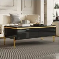 Merax Couchtisch hochglanz Sofatisch Beistelltisch mit goldenen Zierelementen (1-St), Wohnzimmertisch mit Doppelschubladen und Metallbeinen, 100x50x36cm