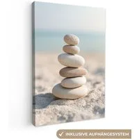 OneMillionCanvasses® Leinwandbild Steine - Stapel - Sand - Meer, Fotodruck (1 St), Leinwand Canvas Wandbild, Wanddekoration 20x30 cm