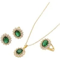 KARMA Schmuckset Damen Edelstahl Gold Grün Kette & Ohrringe & Ring (Damenhalskette Damenring Damenohrringe Ohrhänger, 4-tlg., Kristalle Geschenk für Sie), vergoldet