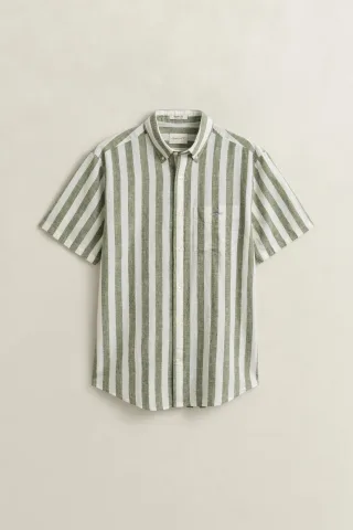 GANT - Gestreiftes Kurzarm-Hemd aus Leinenmix dry herb green - Gr. - L