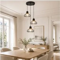 OYLCDI Deckenleuchte Pendelleuchte 3-flammig schwarz, Vintage Hängelampe mit Metallkäfig, ohne Leuchtmittel, E27(Glühbirne nicht enthalten), Offenes Metallkäfig-Design, höhenverstellbare Esstischlampe für Küche Esszimmer Wohnzimmer