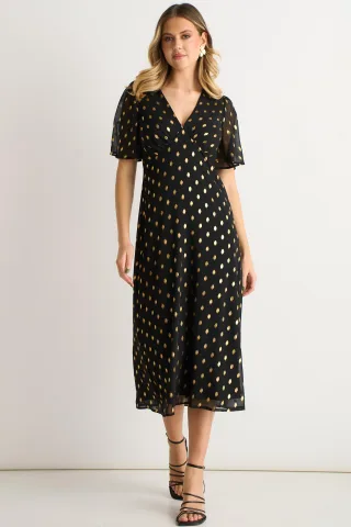 Schwarzes V-Ausschnitt Folien Midi Skaterkleid