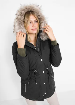 bonprix Warmer Parka gefüttert, schwarz, Gr.42, Schöner gefütterter Parka mit Kapuze und abnehmbaren Kunstfell, 65% Baumwolle