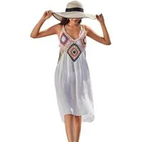 MOPUEA Strandkleid Bohemian-Stil für Frauen, knielanges Trägerkleid für den Sommer (Häkelkleid Ärmellos Strandkleid V-Ausschnitt Bikini Cover Up, 1-tlg) Badeanzug Sexy Strand Poncho Sommer Kleider für Frauen Badekleid