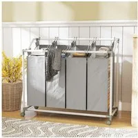 HOMCOM Wäschekorb mit 4 Fächer, Rädern, herausnehmbarer Wäschesack (Wäschesammler, 1 St., Wäschebox), für Waschküche, Schlafzimmer, Badezimmer, Grau