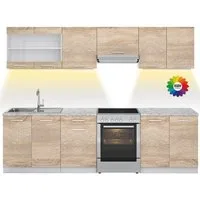 Vicco Küchenzeile Raul, Sonoma/Weiß, 270 cm, AP Marmor mit LED-Leisten