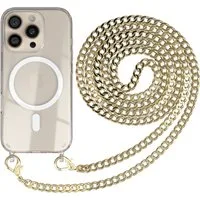 EAZY CASE Handykette 2in1 Metallkette MagSafe Hülle für iPhone 16 Pro 6,3 Zoll, Handyhülle Transparent Smartphonekette für Unterwegs Necklace in Gold