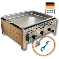 BlueCraft Gasgrill 3 flammig Brenner Edelstahl Gastrobräter Profi Gasgrill inkl. Pfanne, mit Gas Schlauch und Druckminderer Tischgrill robust Made in Germany