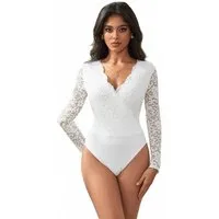 Lau-Fashion Body Langarm Spitze Bodysuits Weiß Unterwäsche Blumen Reizwäsche S/XL