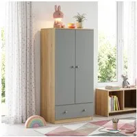 en.casa Kinderkleiderschrank »Beldinupp« mit 2 Türen 123 x 60 x 40 cm Schublade Eicheoptik/Grau