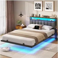MSMASK Polsterbett mit Ladestation und LED-Beleuchtung, Dunkelgrau, 140x210cm, ohne Matratze