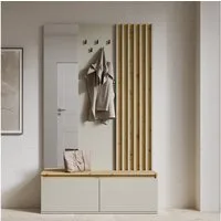 Lomadox Garderobe DAVIS-166, Eiche Dekor Kaschmir Lamellen 120 cm Spiegel Paneel Schuhbank