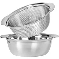OSTWOLKE Küchensieb 2er Seiher & Schüsselset Nudelsieb Abtropfsieb Salat-Sieb Rührschüssel, Edelstahl 18/10