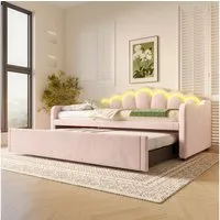 Merax Daybett 90x200cm/180x200cm Tagesbett mit Ausziehbett (1 tlg), Polsterbett mit LED-Streifen, Schlafsofa Kinderbett, Samt