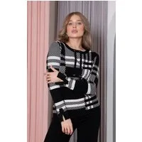 Passioni Strickpullover mit schwarz-weißem Karomuster und Zuglaschen am Ausschnitt