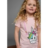 KIDSWORLD T-Shirt für kleine Mädchen Kurzarm, basic geschnittene Passform, mit Glitzerdetails und Print
