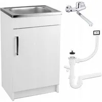 STAMAR Spülenschrank Küchenschrank 50cm Weiß Spüle 50x40 Wandarmatur Chrom Komplett Set Standschrank 40cm Tiefe Siphon Geschirrspüler Platzsparend Kompakt