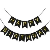 BRUBAKER Wimpelkette Happy Birthday - Geburtstag Girlande Schwarz Gold - Party Banner 5 m, Geburtstagsdeko für Erwachsene und Kinder - Geburtstagsdekoration