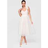 OMBRE Abendkleid Cocktailkleid Tüll Spitze Midi Weiß L (kein Set, 1-tlg) Asymmetrische Applikation, transparente Struktur
