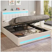MSMASK Polsterbett Hydraulisches Stauraumbett mit höhenverstellbarem Kopfteil (Ohne Matratze), Funktionsbett, Jugendbett mit LED-Beleuchtung und Ladeanschlüssen