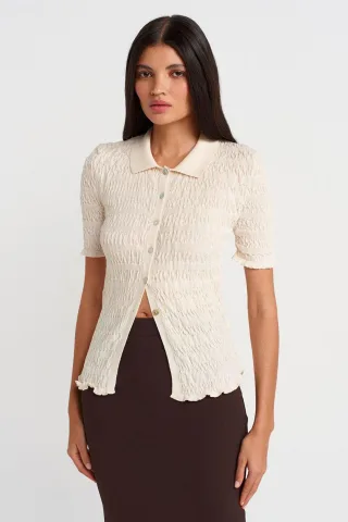 Taillierter gerippter Baumwollmix Kurzarmpullover