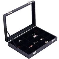 Sinoba Schmuckkasten Schmucklade Schmuckkästchen Schmuckbox für Ringe Ketten Ohrringe, Holz-Korpus, Velours-Bezug, mit Echtglas-Deckel