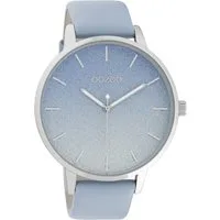 OOZOO Quarzuhr Damenuhr C10830 Glitzer-ZB Hellblau Lederband 48 mm C10830