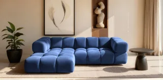 Ecksofa Designersofa BLANCHE in Stoff Bluvel Blau Ottomane Links