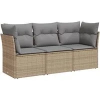 vidaXL Gartenlounge-Set 3-tlg. Garten-Sofagarnitur mit Kissen Beige Poly Rattan, (1-tlg)