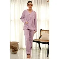 SNOOZE OFF Pyjama Damen Schlafanzug lang in Flieder mit Kontrastpaspel (2 tlg., 1 Stück) aus weicher Baumwolle