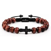 UNIQAL.de Armband aus Naturstein mit Edelstahl-Kreuz & Zirkonia – Unisex, 8 mm (Schutzsymbol, Energieeffekt, dezente Eleganz in moderner Ausführung, handgefertigt, langlebige Qualitätsarbeit), modernes Herren-Statement, ideale Geschenkidee