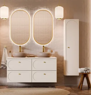 Badmöbel Set 7-tlg Badezimmerset KONA Cashmere Sand Beige Schrank Rechts inkl...