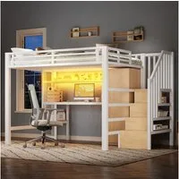 Merax Hochbett 140x200cm mit LED-Beleuchtung (Loftbett Metallbett Jugendbett, 1-St) Kinderbett mit Schreibtisch, Kleiderschrank, Regal und Stauraumtreppe
