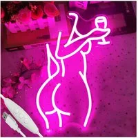 MUPOO LED Dekofigur Lady Back Neon Licht Sexy Lady Neonschild für Wand Dekor USB-betrieben, Rosa Dame mit Wein, LED fest integriert, Led Acryl Schild für Schlafzimmer,Mädchen Zimmer,Wohnkultur,Mann Höhle