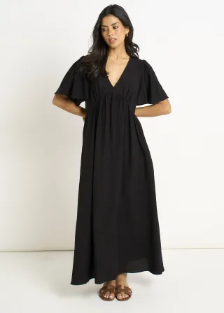 Schwarzes V-Ausschnitt Winkelärmel Skater Maxikleid