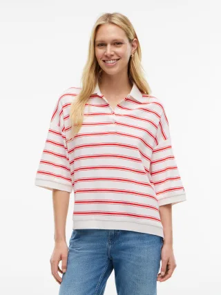 MULTISTP OVERSIZED SS POLO Multi Stp Ecru/Fire Red - Gr. - XS