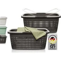 Hausfelder Wäschekorb Wäschewanne 58x37x25cm (Anthrazit-Schwarz, 2 Körbe, 35 l) (Set, 2 St., 2 x Wäschekorb), mit klappbaren Henkeln, mit Griffen, 35 Liter