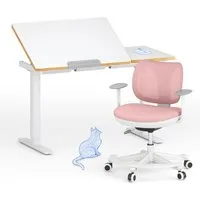 FLEXISPOT Schreibtisch Kinderschreibtisch Höhenverstellbar (mit neigbarer Tischplatte, mit LED-Höhenanzeige & 3 Speicherplätzen, MIT Haken, 16mm Abgerundete Tischecken), für Kinder ab 6 Jahren, Kindertisch Stuhl Set