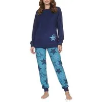Normann Pyjama Normann Damen Frottee Schlafanzug lang mit Bündchen in Sterne Optik