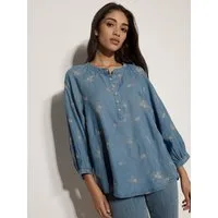 Apricot Blusentop Denimbluse mit Blumenstickerei mit Blousonärmeln