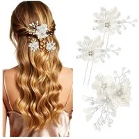 Oemmn Haarnadeln 3er Set Braut Haarnadeln mit Perlen & Blumen, 3-tlg., U-förmige Hochzeit Haaraccessoires für Brautfrisuren & Hochzeiten