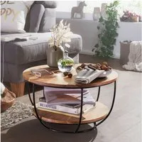 FINEBUY Couchtisch FB54351 Akazie Massivholz rund 60cm Wohnzimmertisch Industrial (60x34,5x60cm Akazie Massivholz / Metall, Sofatisch), Sofatisch Stauraum, Wohnzimmertisch Modern Rund