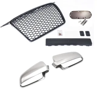 Kühlergrill Sportgrill Waben Grill + Alu Look Spiegel Gehäuse Außenspiegel für Audi A3 8P + Sportback 2005-2008