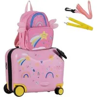 COSTWAY Kinderkoffer 12"+18" Kindertrolley, zum sitzen, mit 4 Rollen & Rucksack
