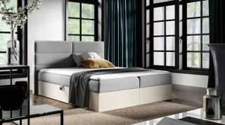 Boxspringbett Bett LAMBROS 160x200cm Nordic Teak Stoff Grau inkl. Bettkasten