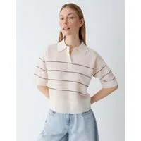 OPUS Strickpullover Feinstrickpullover mit dezentem Streifen Lockere Passform, V-Ausschnitt, leichte Transparenz