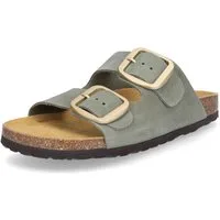 MIDS MIRI Damen Pantolette olivgrün, Zweiriemer mit ergonomischem Lederfußbett & großer Schnalle