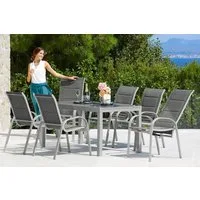 MERXX Garten-Essgruppe Amalfi Deluxe, (7-tlg., 6x Stapelsessel (2x verstellbar), 1x Ausziehtisch 150(220)x90 cm), pulverbeschichtetes Aluminium, aus 100% Polyester, für 6 Personen