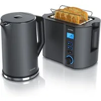 Arendo Frühstücks-Set Edelstahl Wasserkocher 1,5l, 2-Scheiben Kurzschlitz Toaster, Cool Grey (2-tlg), Wasserkocher mit Temperatureinstellung, 2200W, Toaster Brötchenaufsatz