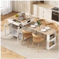 Merax Küchenzeile Esstisch Kücheninsel mit Rollen, Ausziehbarer Esstisch, küchentisch, LED Steckdosenleiste, Multifunktionaler Bartisch, Sideboard
